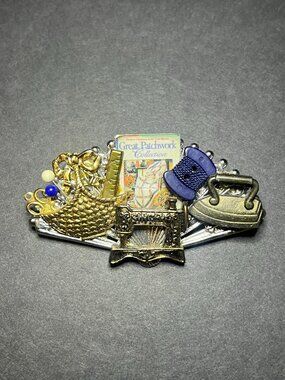 Vintage Handcrafted Singer Sewing Machine, Iron, Spool & Supplies Collage Brooch